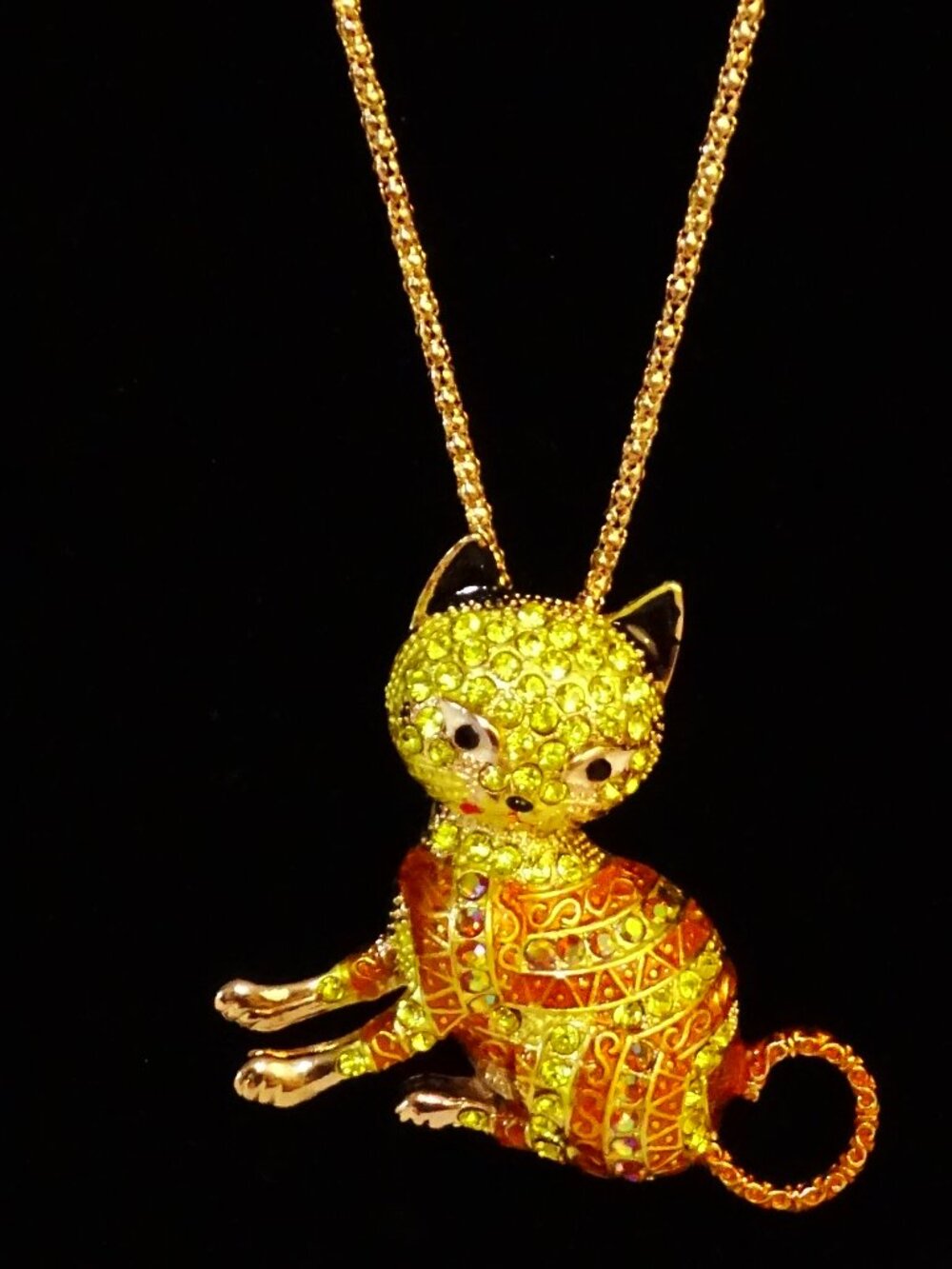 Betsey Johnson Yellow and Orange Enameled Cat Necklace